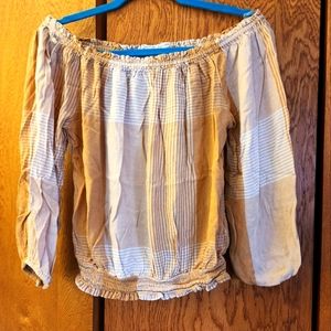 Aeropostale Crop-Top Blouse, Size M, Orange and White Plaid 3/4 Length Sleeve